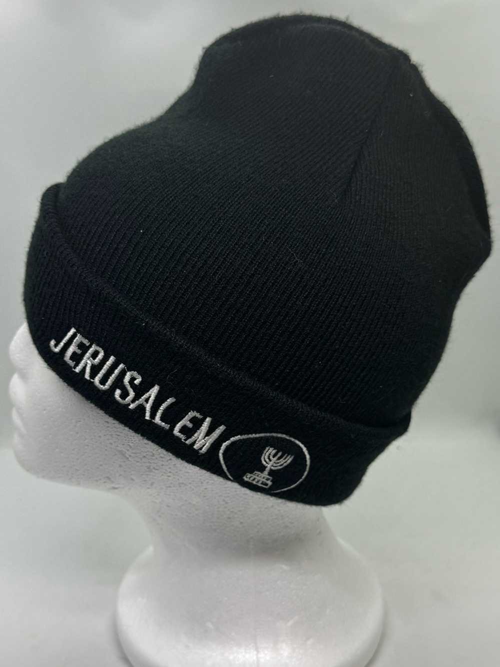 Jerusalem Black Knit Beanie Hat Menorah Embroidered Winter Skull Cap Unisex